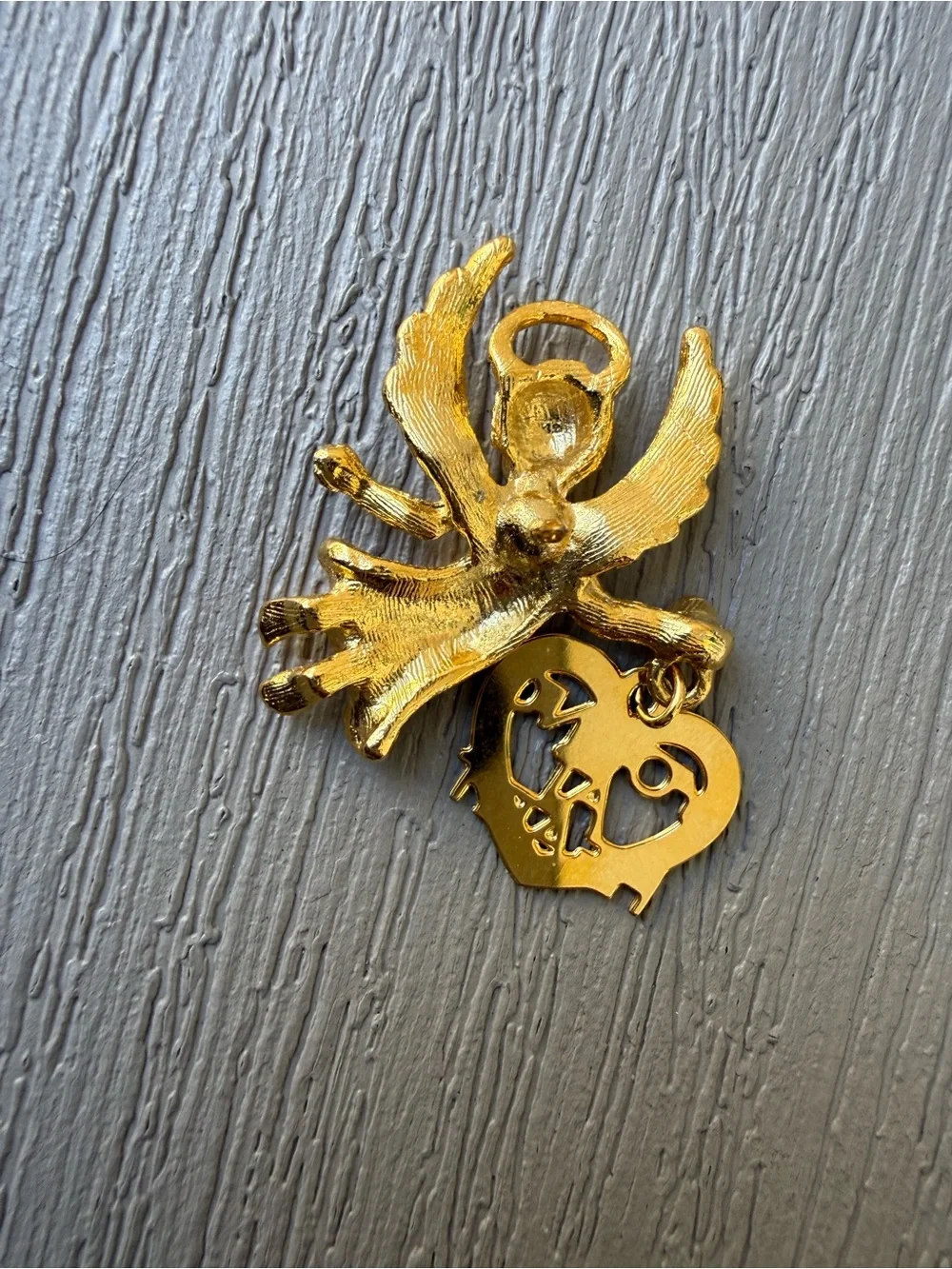 Vintage Angel Brooch Young at Heart Dangle Heart Gold Tone Ballou Back